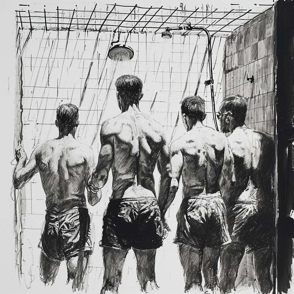 Drawn script sketch, black and white, early 1980s, bright prison cell, four prisoners taking a shower 𝙗𝙮 𝙈𝙞𝙙𝙟𝙤𝙪𝙧𝙣𝙚𝙮/𝙏𝙅