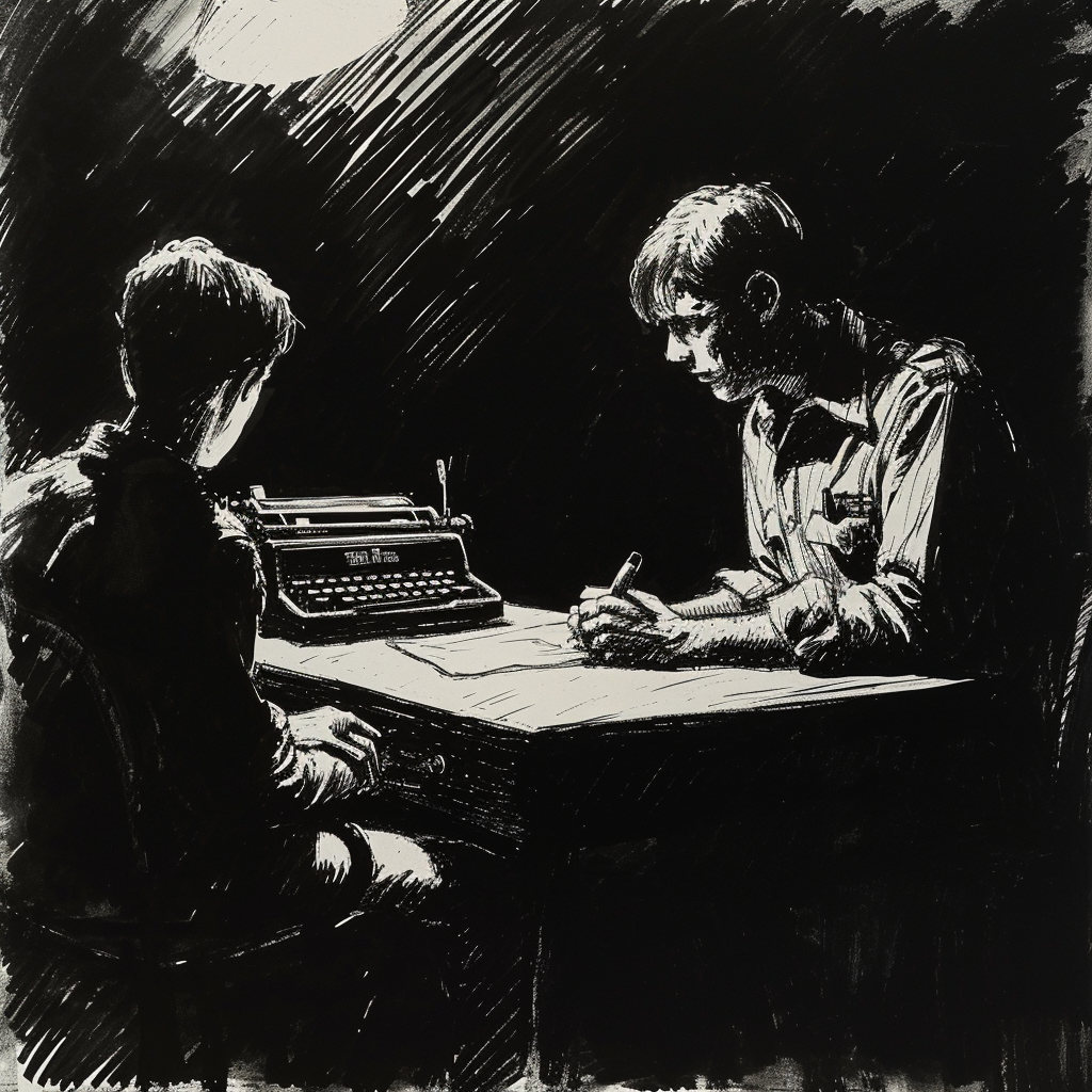 Drawn script sketch, black and white, early 1980s, dark interrogation room at night, a tall policeman sits in front of a typewriter and questions a young teenager with very short hair 𝙗𝙮 𝙈𝙞𝙙𝙟𝙤𝙪𝙧𝙣𝙚𝙮/𝙏𝙅
