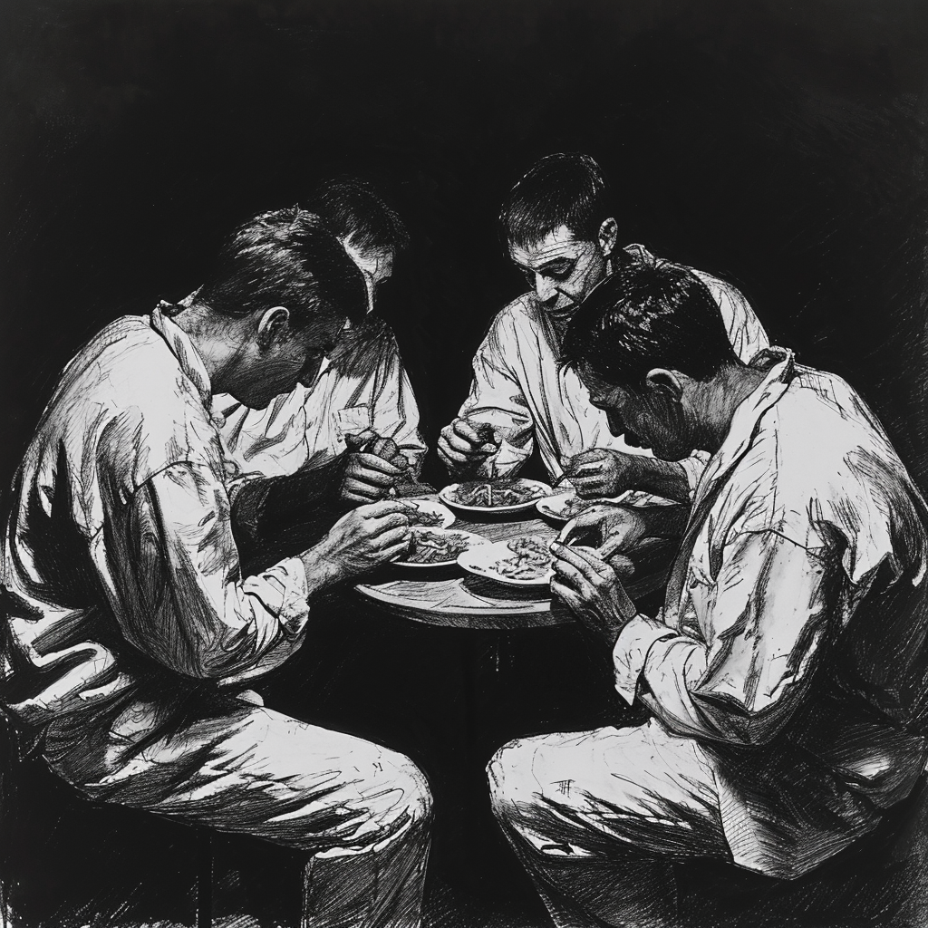 Drawn script sketch, black and white, early 1980s, dark prison cell, four prisoners eating around a small table 𝙗𝙮 𝙈𝙞𝙙𝙟𝙤𝙪𝙧𝙣𝙚𝙮/𝙏𝙅