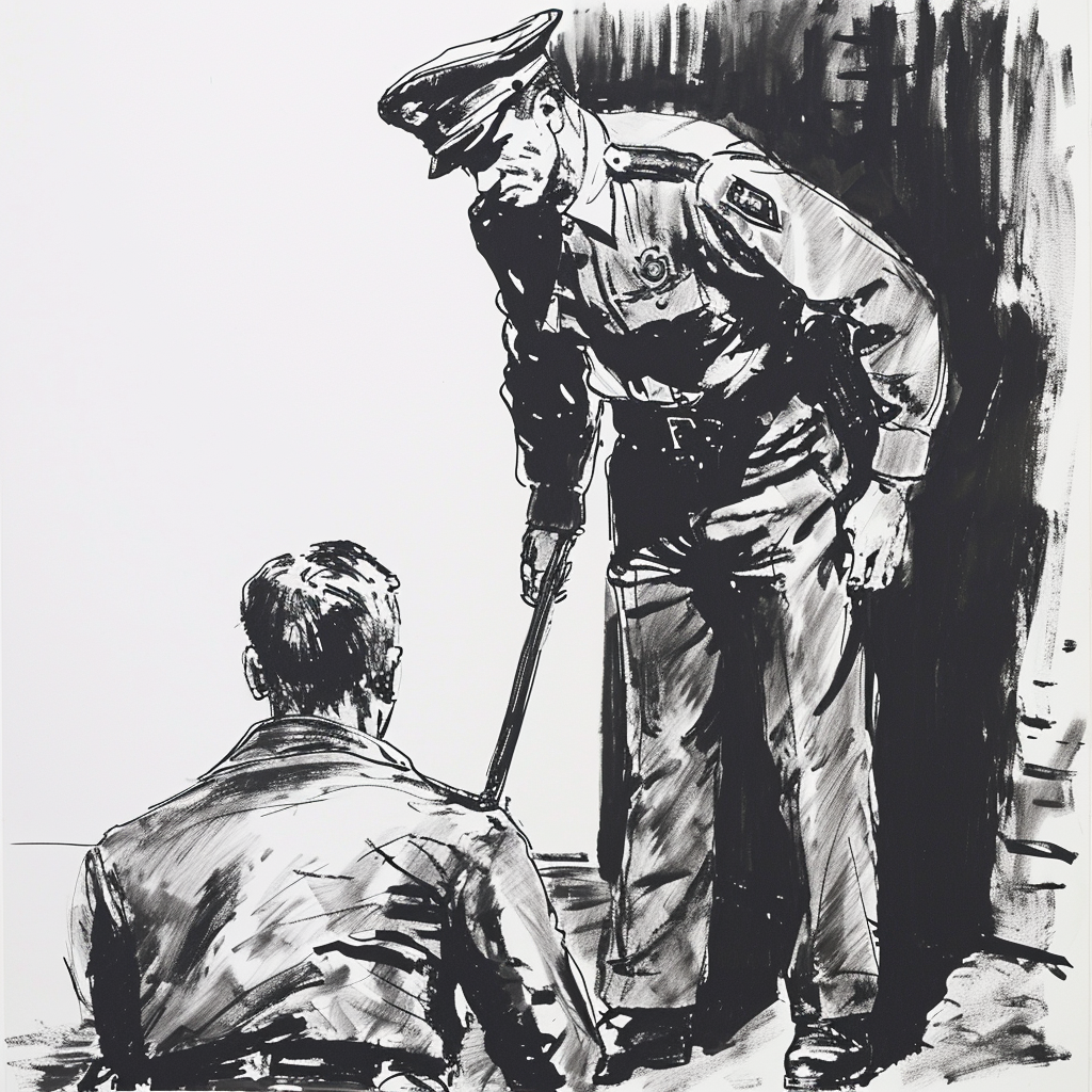 Drawn script sketch, black and white, early 1980s, policeman in uniform with peaked cap and truncheon, a prisoner kneels in front of him 𝙗𝙮 𝙈𝙞𝙙𝙟𝙤𝙪𝙧𝙣𝙚𝙮/𝙏𝙅
