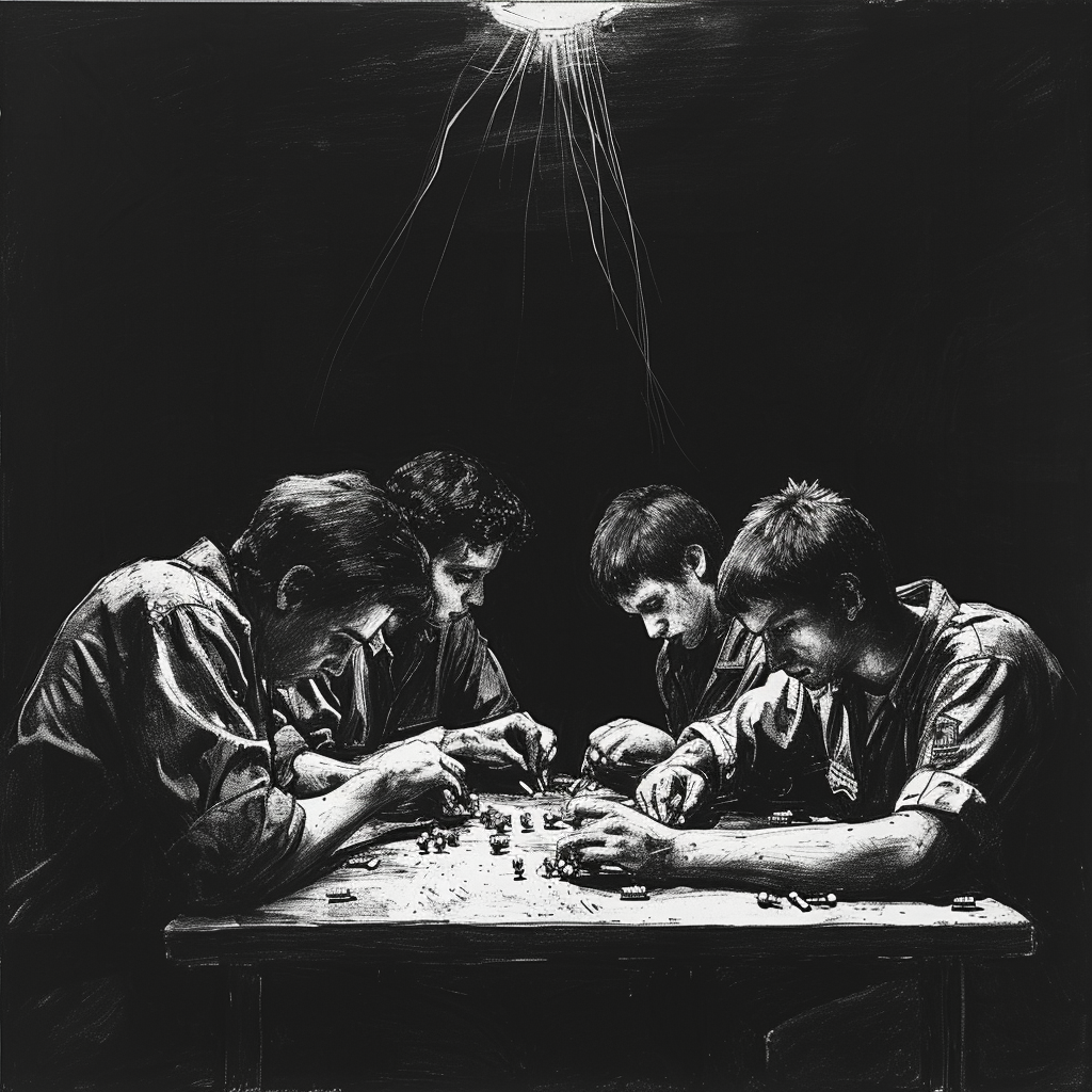 Drawn sketch, black and white, early 1980s, dark prison cell, four young prisoners sitting at a table working with small plugs 𝙗𝙮 𝙈𝙞𝙙𝙟𝙤𝙪𝙧𝙣𝙚𝙮/𝙏𝙅