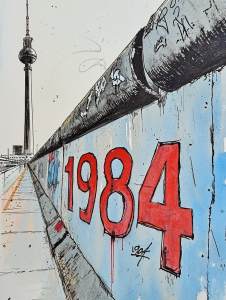 A short section of the Berlin Wall, on the wall the numbers "1984" in very large letters as graffiti, somewhere the Berlin TV tower, in courtroom sketch style, slightly colored 𝙗𝙮 𝙈𝙞𝙙𝙟𝙤𝙪𝙧𝙣𝙚𝙮/𝙏𝙅