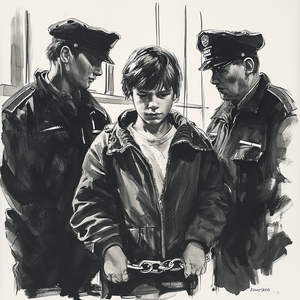 A young teenager with short hair who is arrested in the early 1980s by two older transport police officers in dark uniforms, both wearing police caps, at a train station in East Germany in short handcuffs, courtroom sketch artist style 𝙗𝙮 𝙈𝙞𝙙𝙟𝙤𝙪𝙧𝙣𝙚𝙮/𝙏𝙅