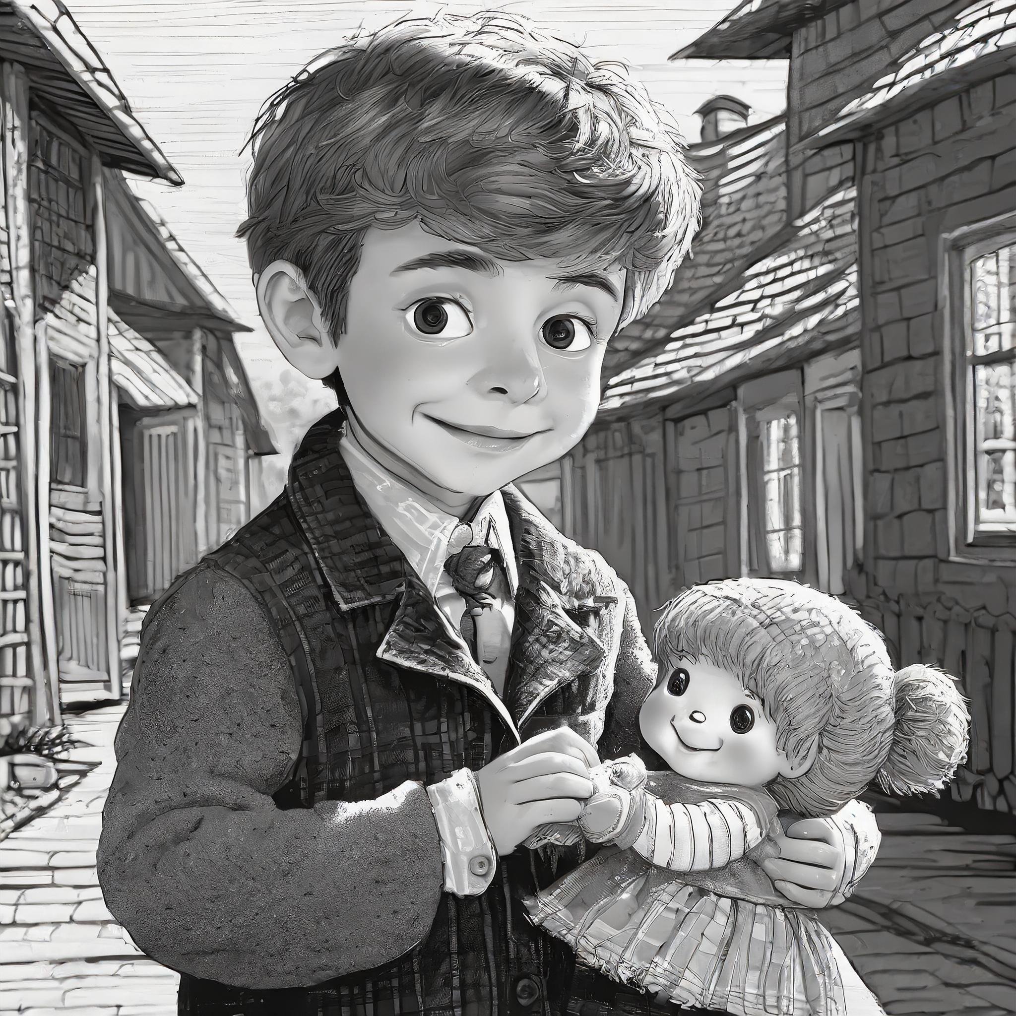 ein gezeichneter kleiner-Junge in einem Dorf-spielt mit einer Puppe in-schwarz/weis in den dreißiger Jahren