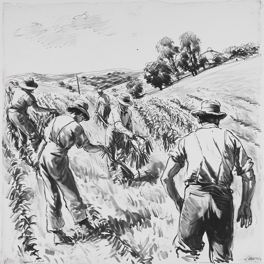 Drawn script sketch, black and white, early 1930s, harvest workers harvesting a field