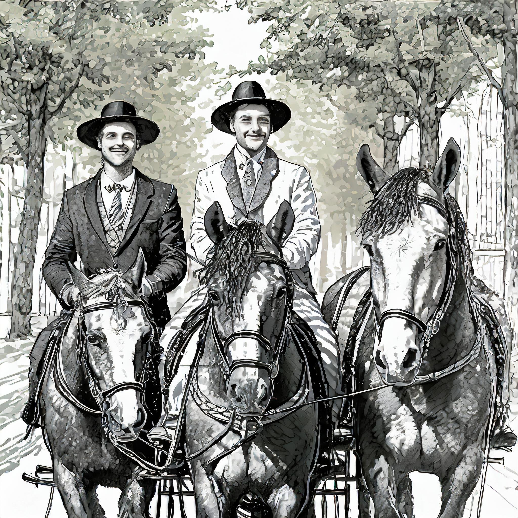 004_Firefly junge Männer sitzen auf einer Kutsche mit Pferden und bringen Bäumchen, in schwarz-weiß,