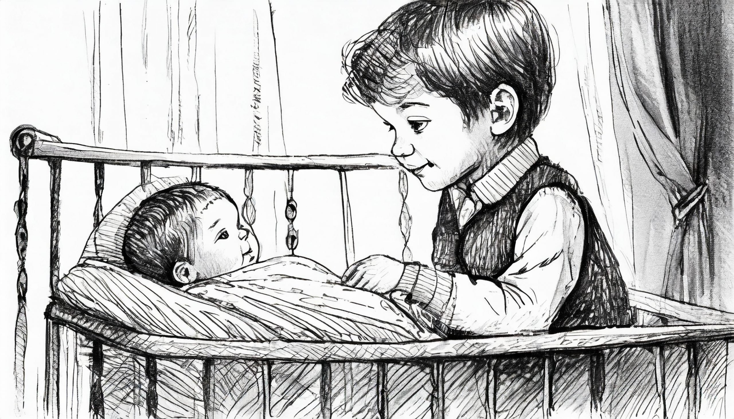 Sketch in black and white, late thirties, a small poor European boy looks at a little baby in a crib