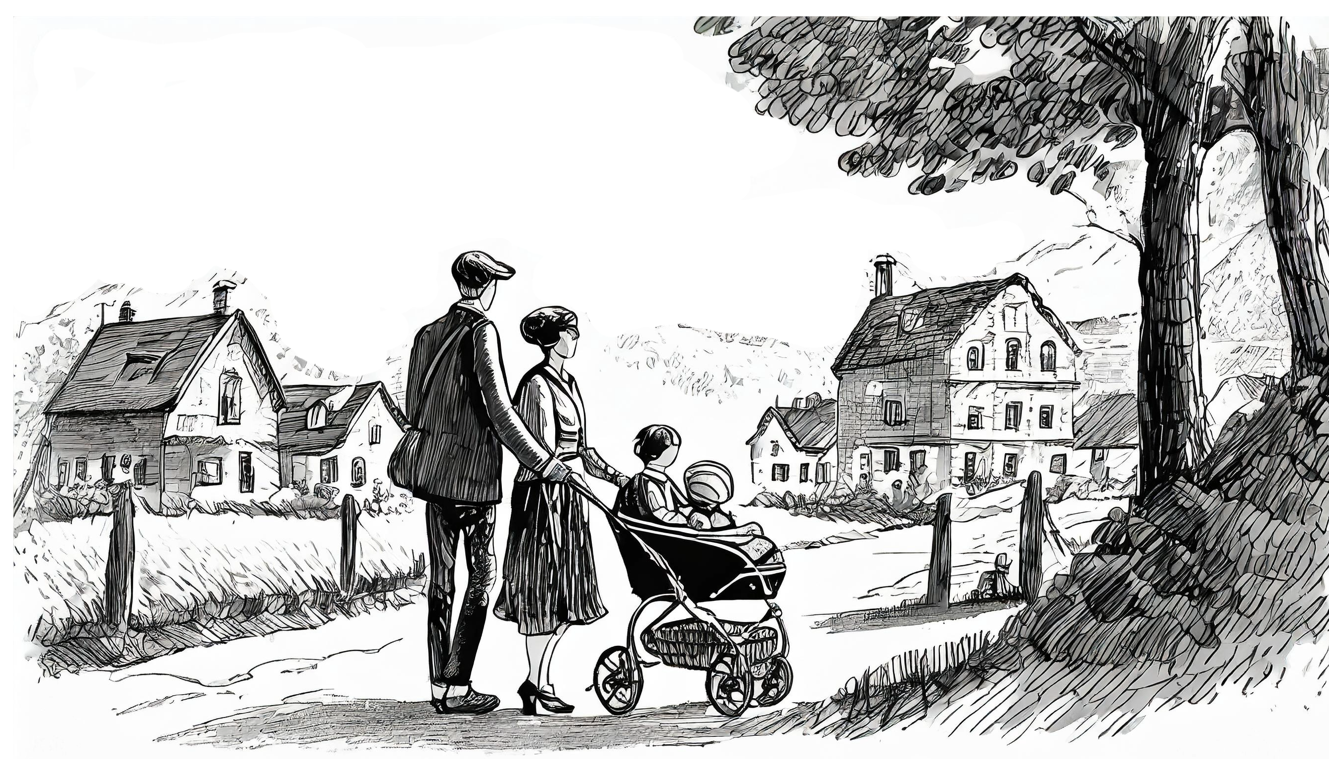 Sketch in black and white, late thirties of the twentieth century, of a European couple with a little boy and a baby in a baby carriage