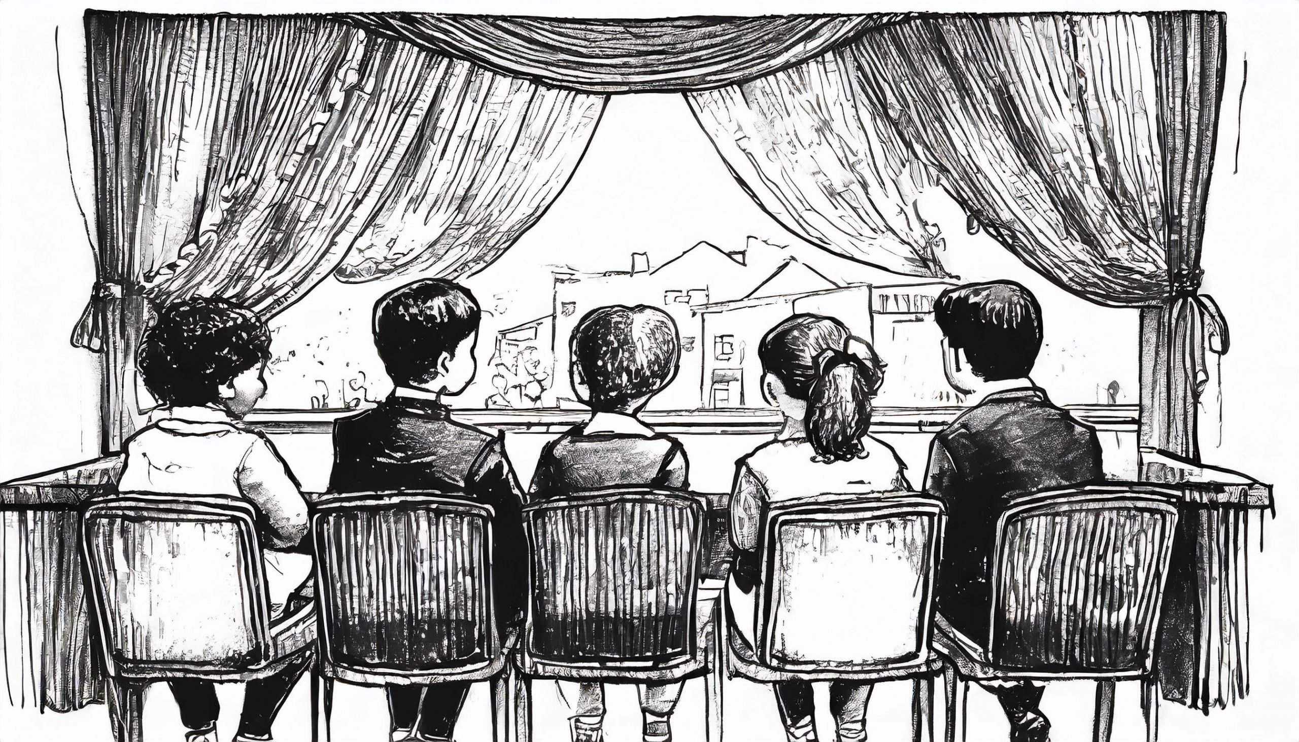 Sketch in black and white, late thirties of the twentieth century, European children sitting in a small cinema hall in a village