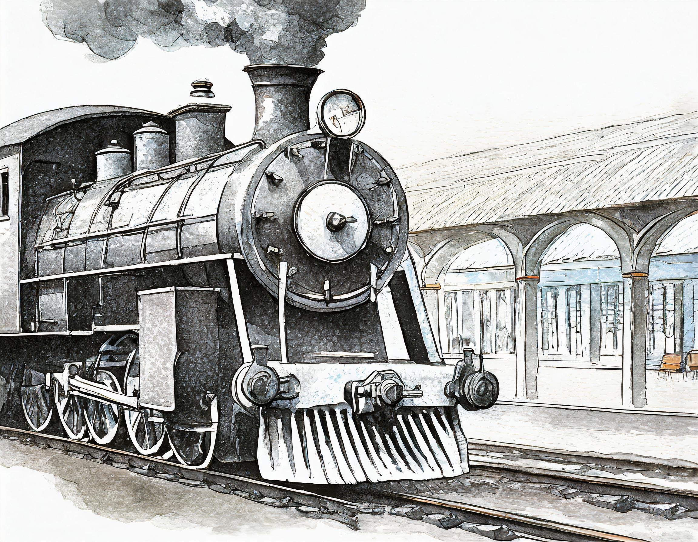 Sketch in black and white, late thirties of the twentieth century, railroad steam locomotive with wagon wheels - 1930s, in a station