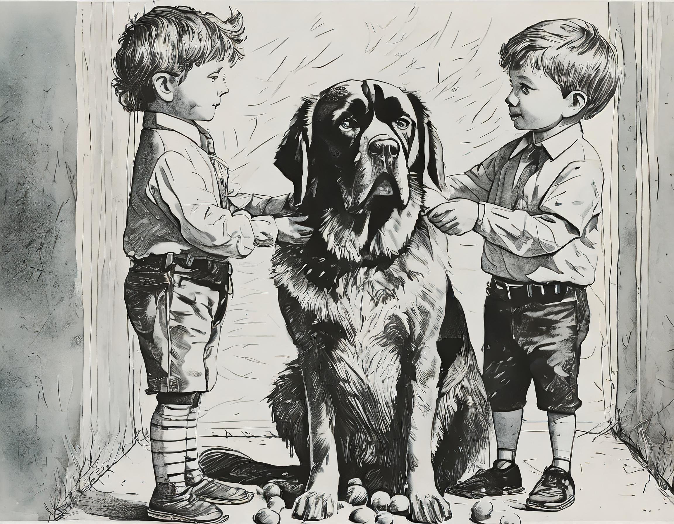 Sketch in black and white, late 1930s, two little boys in underpants playing with small marbles, a large black german mastiff looks curiously over the boys' shoulders