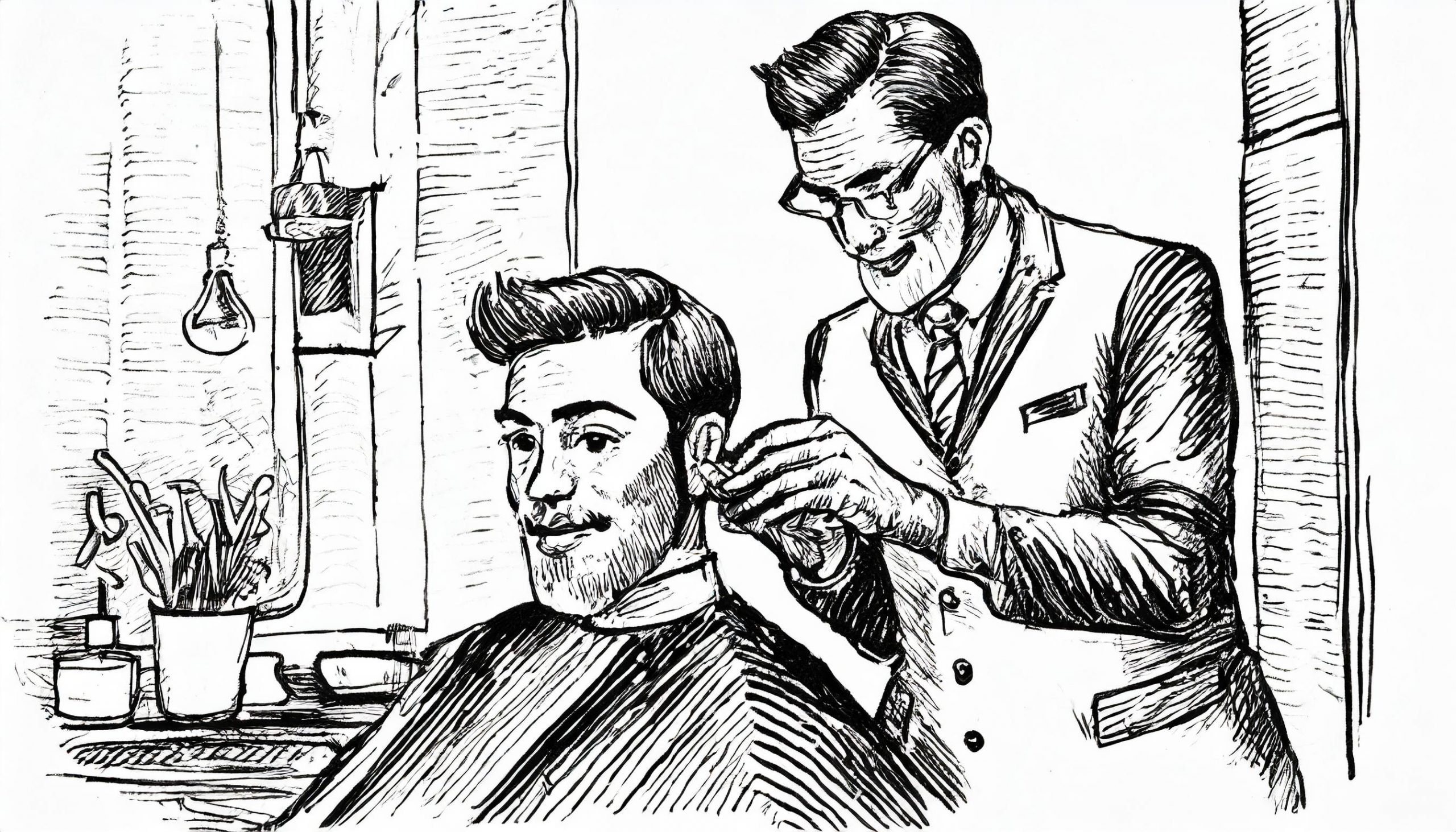 Sketch in black and white, late thirties of the twentieth century, a hairdresser shaves a customer in a barber's chair