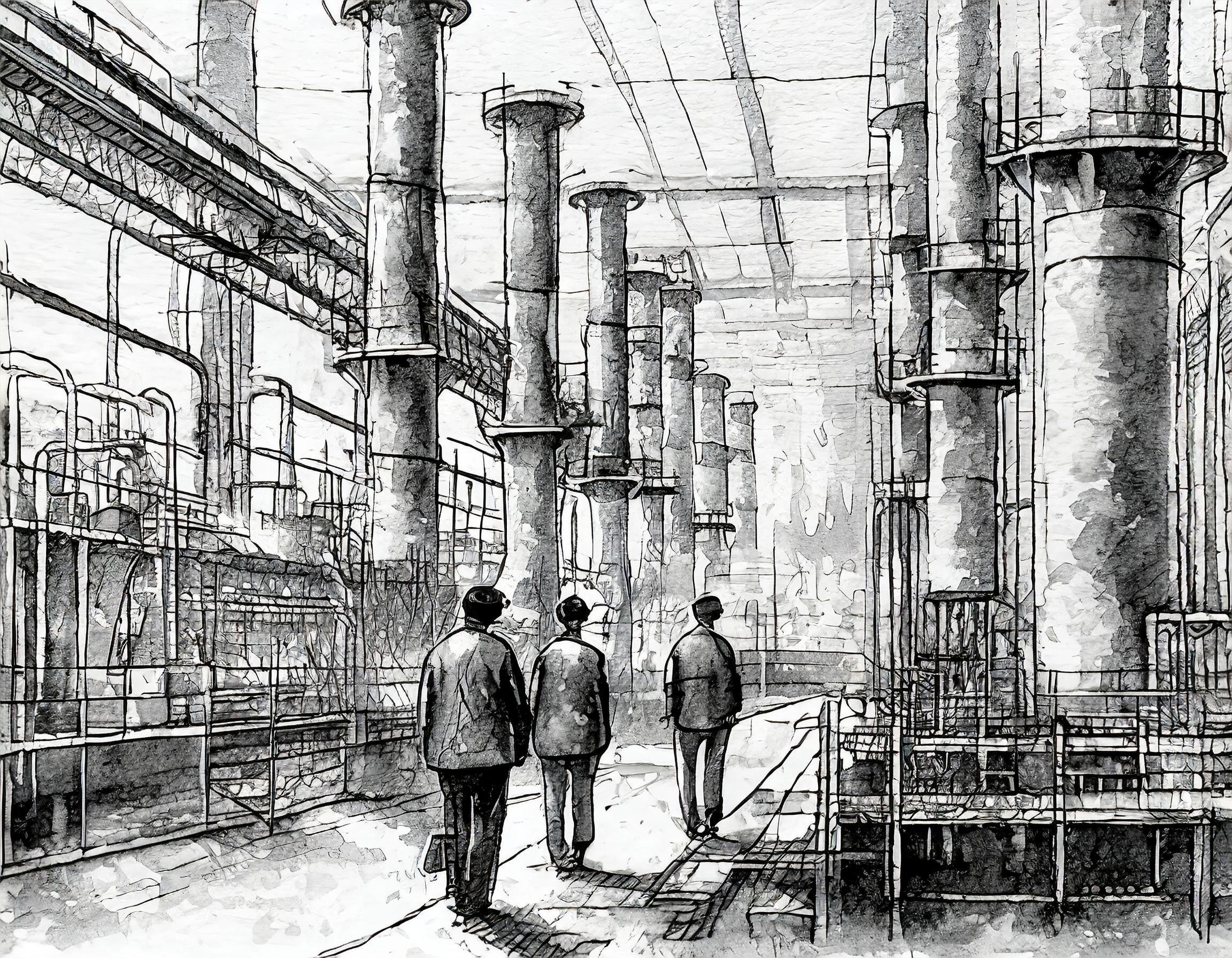 Sketch in black and white, late thirties of the twentieth century, showing a large chemical plant in the style of the IG Farben factories, with workers