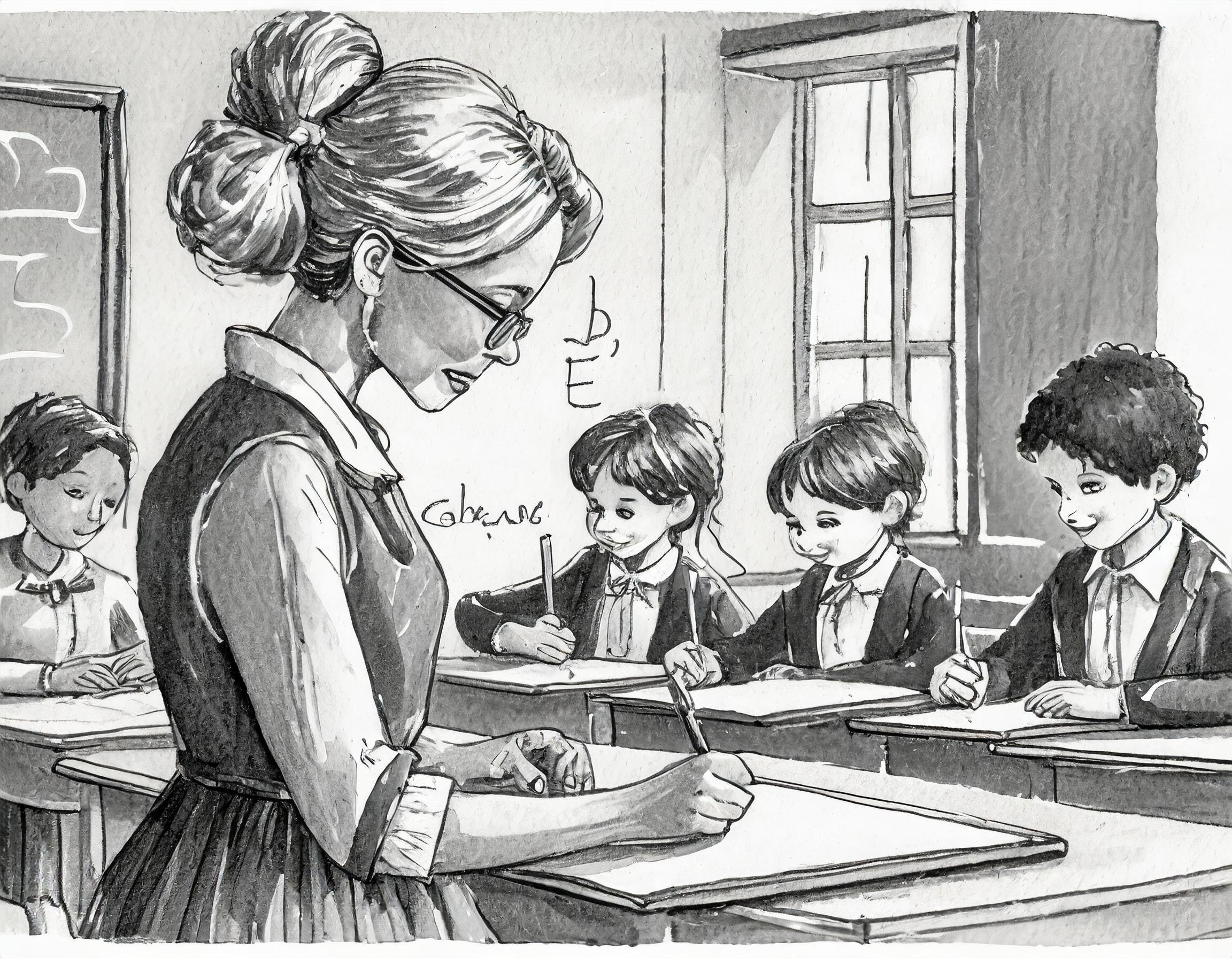 Sketch in black and white, late 1930s, a teacher standing at the blackboard a school class in a classroom, pupils writing individual letters on a small slate, a teacher standing at the blackboard in front of the pupils