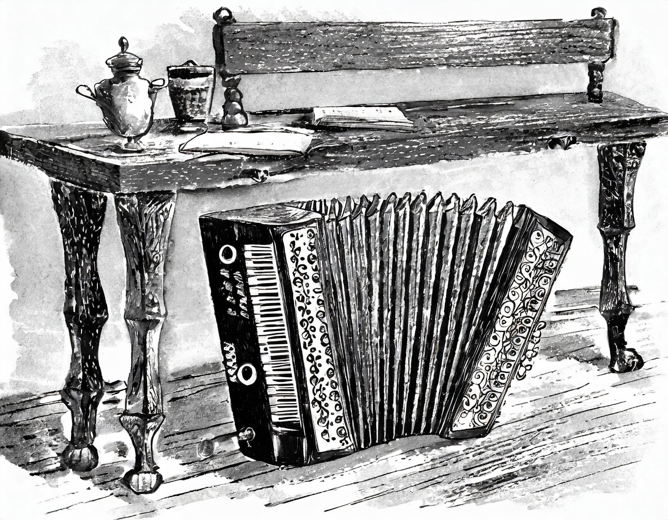 sketch in black and white, late 1930s, In an old room, under an old wooden bench, stands an little accordion dusty