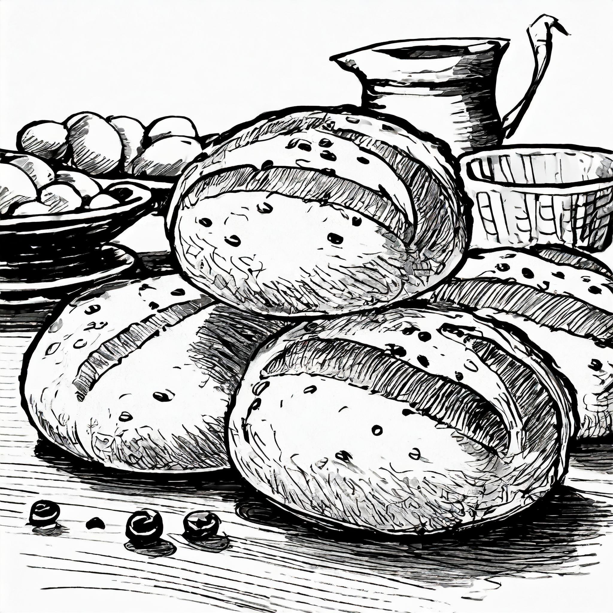 3 bread roll, focus in foreground with other items on background, Anfang der vierziger Jahre