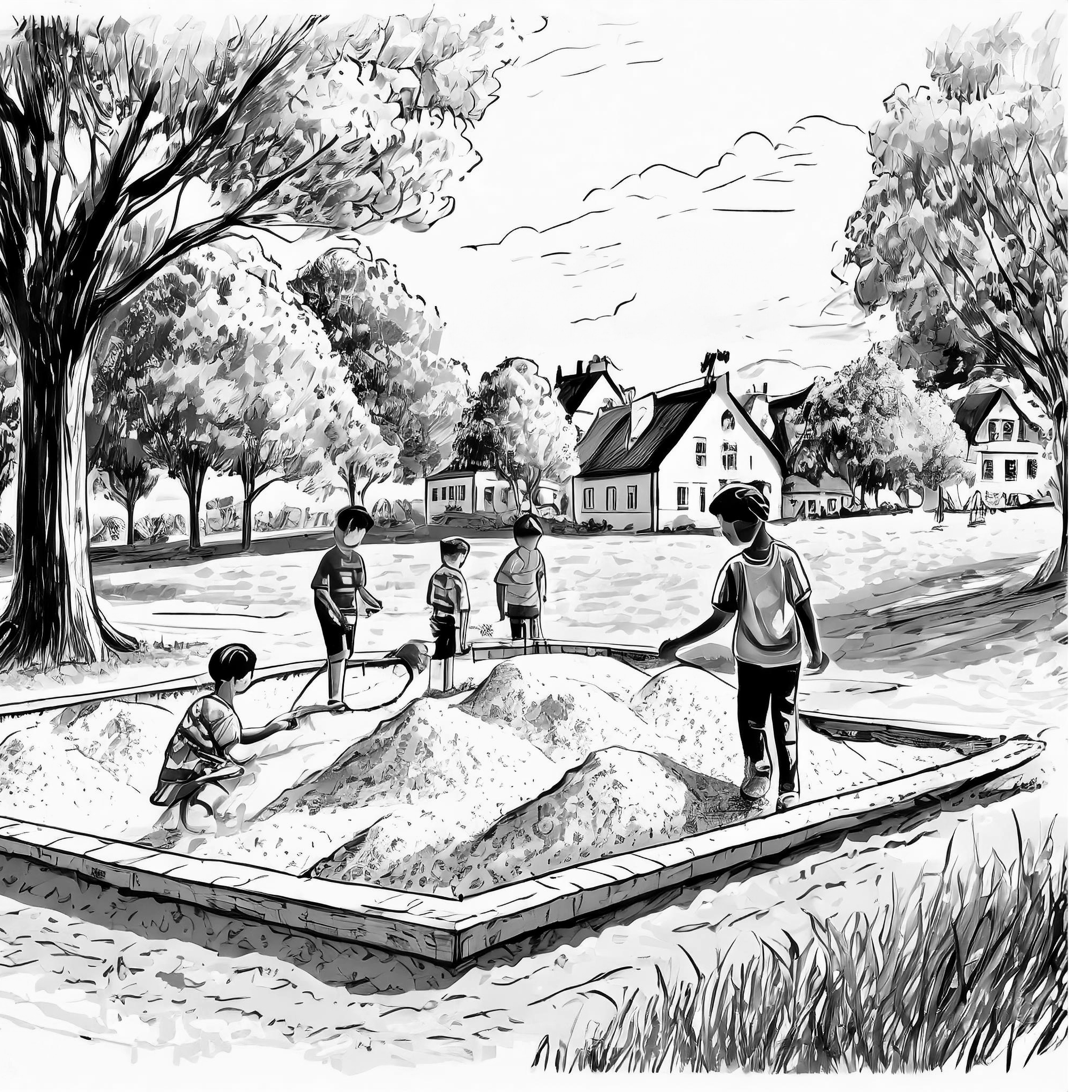 zeige eine Skizze eines elfjährigen Jungen mit Spielkameraden in den vierziger Jahren, spielend in einem großen Sandkasten in einem Park, im Sommer, in einer Stadt in Deutschland, Anfang der vierziger Jahre des zwanzigsten Jahrhunderts