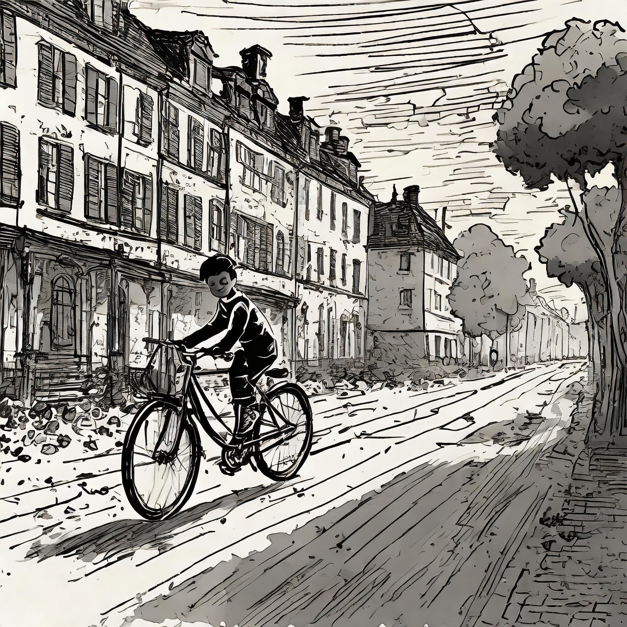 ein zwölfjähriger Junge fährt mit seinem Fahrrad durch in eine teilweise zerstörten Stadt in der Mitte Deutschlands 1945