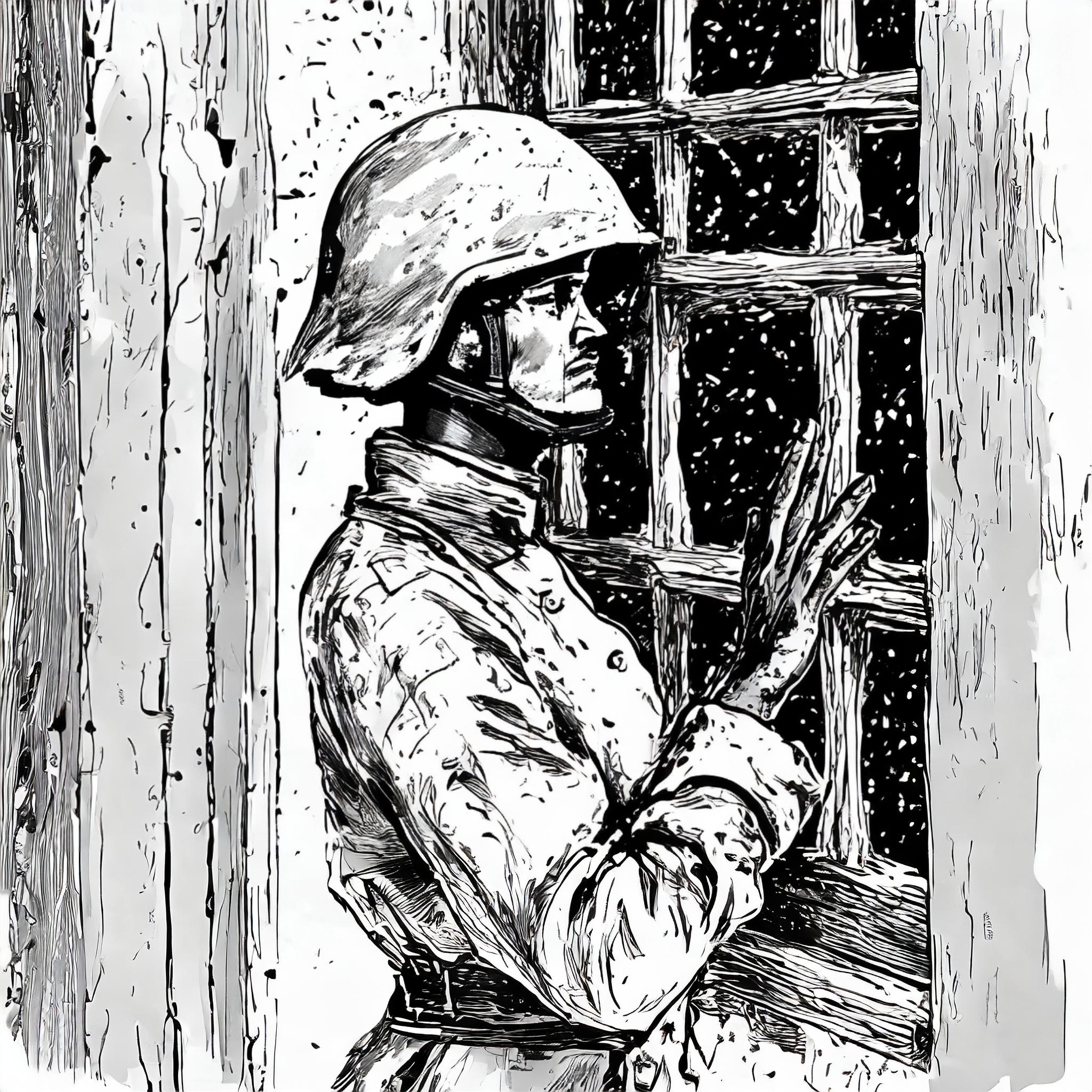 At 1945, a soldier knocks on the boarded-up window, he stood in the darkness and asked to be let in, At 1945, a soldier knocks on the boarded-up window, he stood in the darkness
