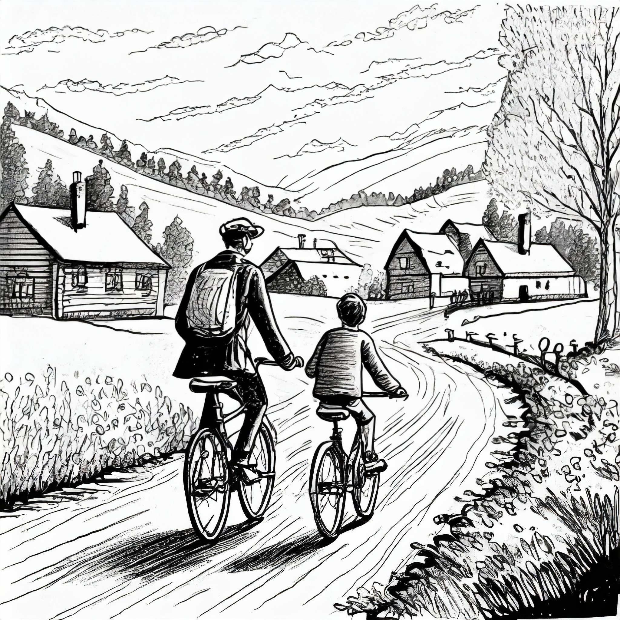 in 1945, in a tiny German village, a father and his thirteen-year-old son knocked on the gate of a farmhouse for an awfully long time, without being opened / In 1945, a father and his thirteen-year-old son ride their bicycles through a village.