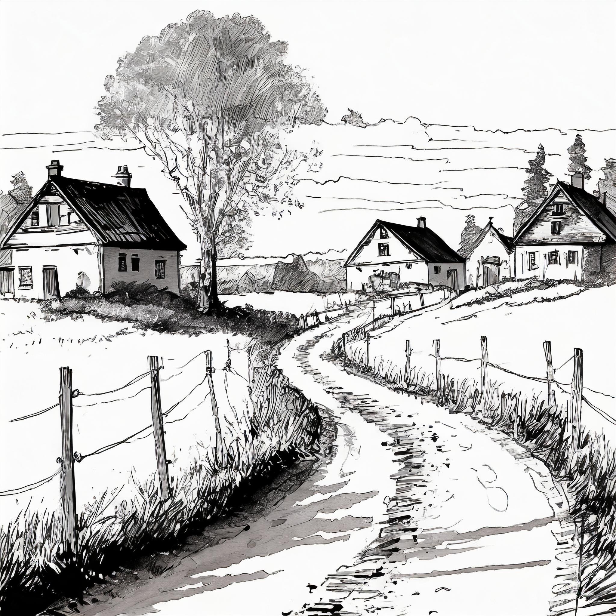 ungepflasterte Straße, rechts und links der Straße befinden sich kleine Häuser, in einem deutschen Dorf im Jahr 1945