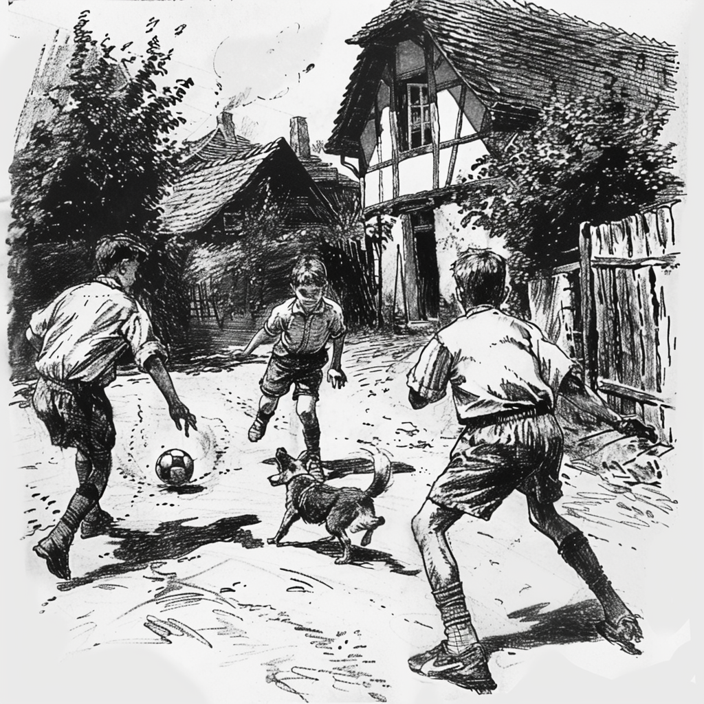 Drawn script sketch, black and white, thirteen-year-old boys playing football on a small pitch, a fox terrier playing along, end of the 1940s in a village in Germany