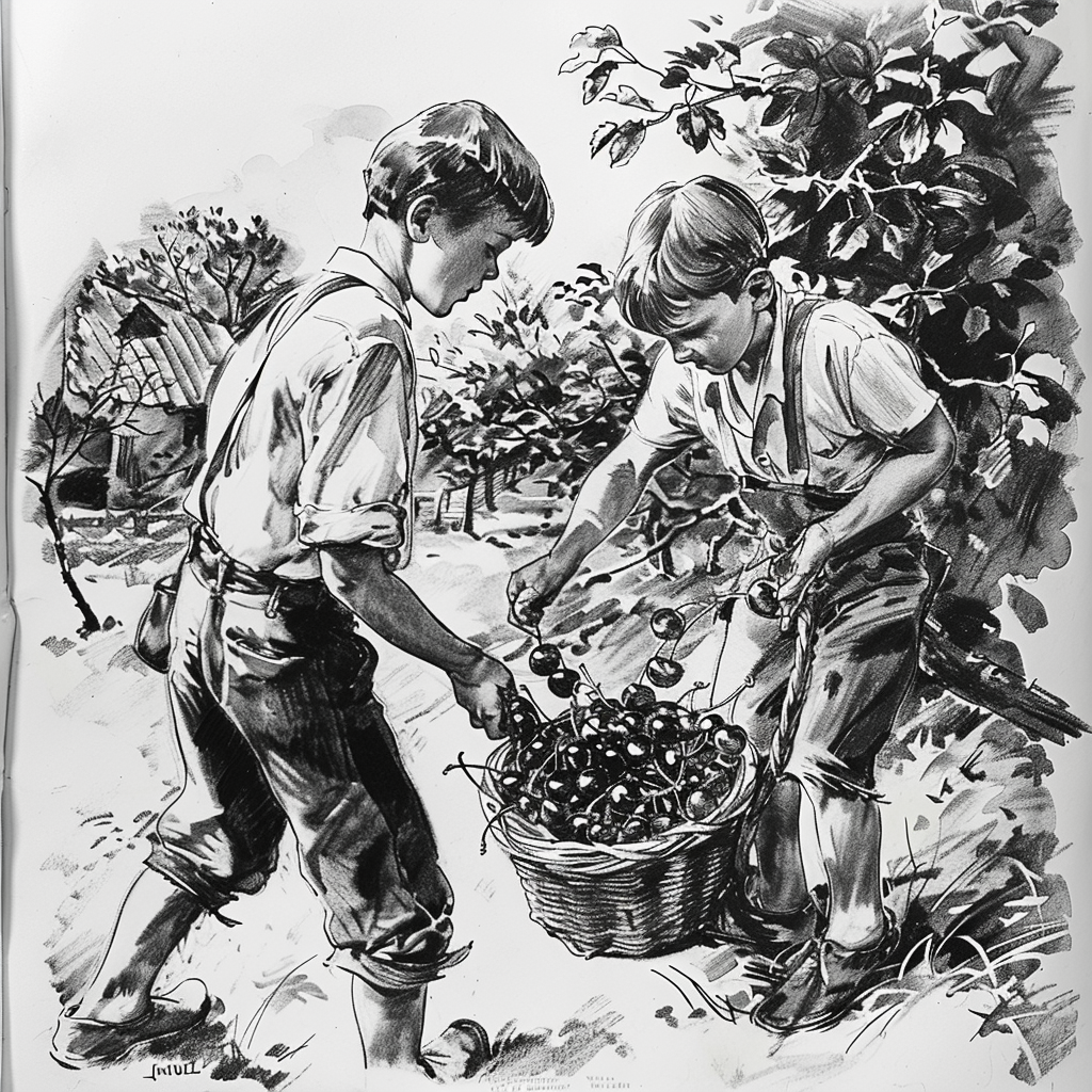 Drawn script sketch, black and white, thirteen-year-old Boys picking cherries, end of the 1940s in a village in Germany