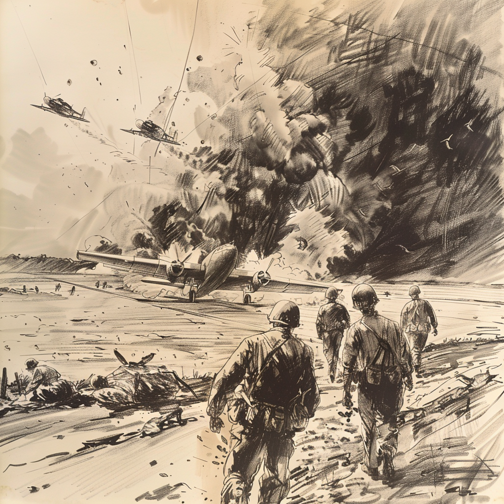 Drawn script sketch, mid-1940s, black and white, airfield being stormed by American soldiers