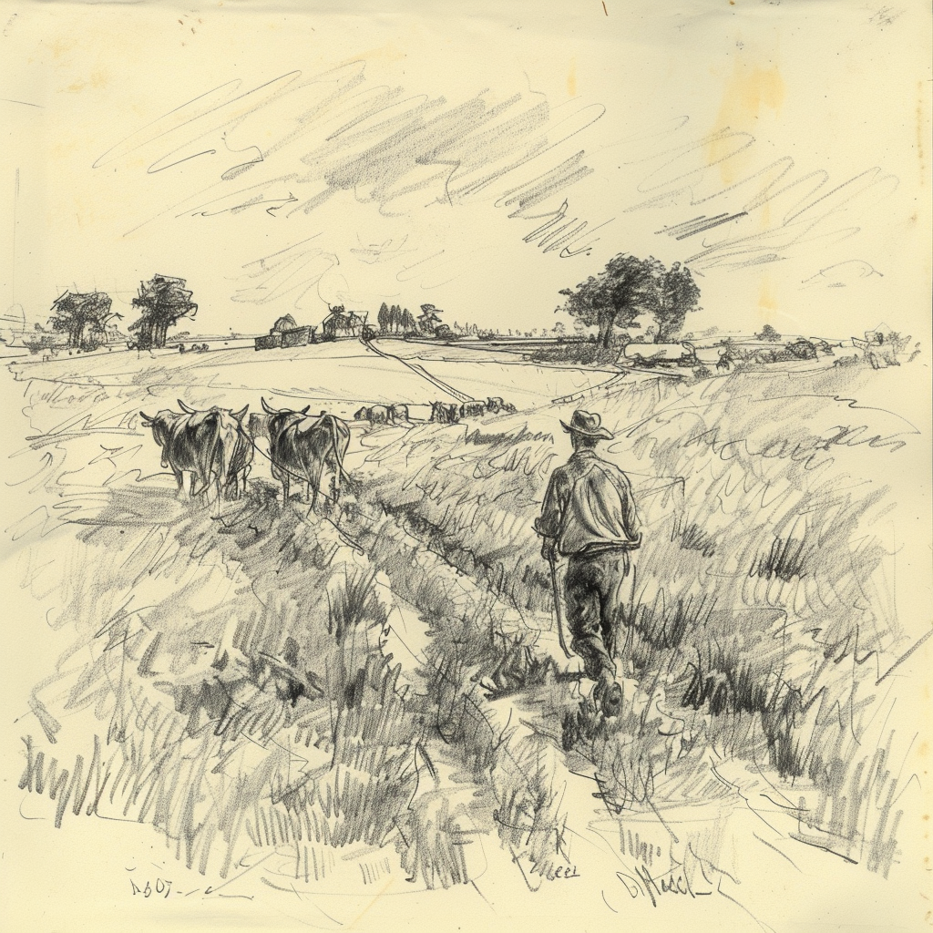 Drawn sketch, a farmer with a team of oxen in a field in the 1940s