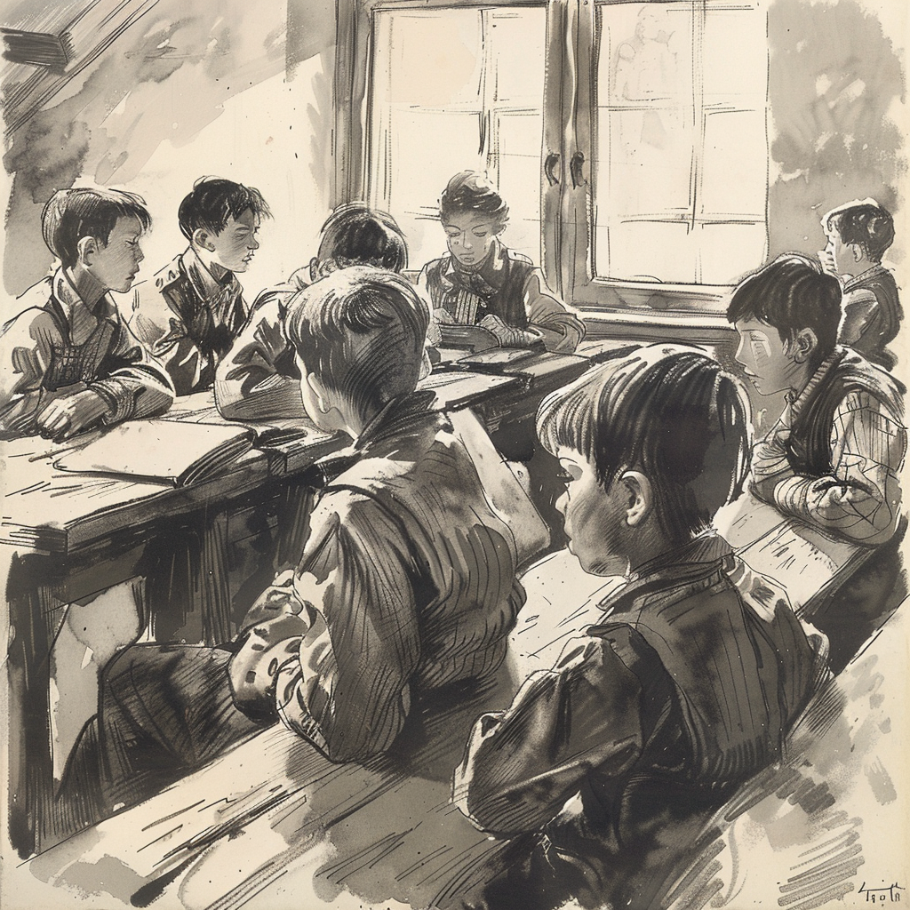 Drawn sketch, black and white, thirteen-year-old Pupils sitting in a classroom at the end of the 1940s in a village in Germany