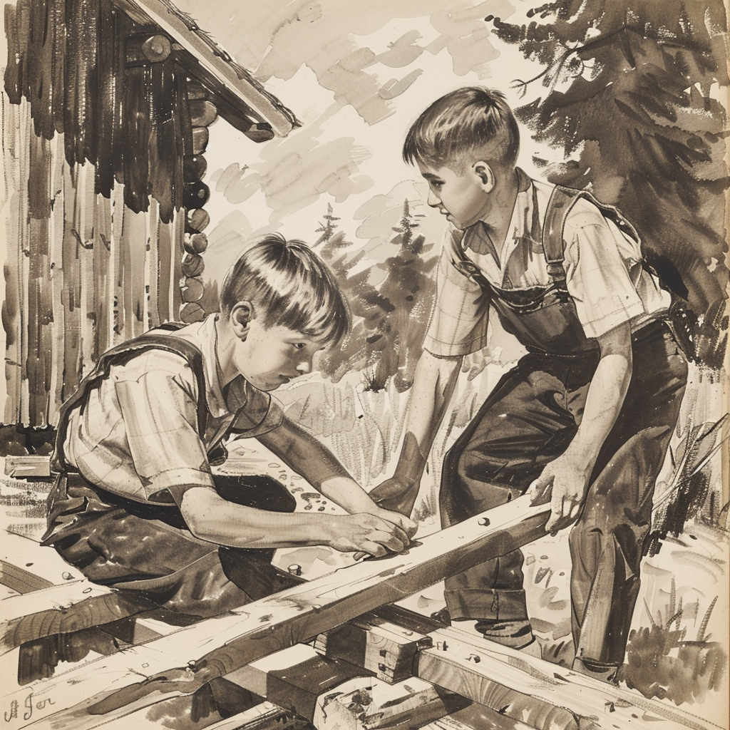 Drawn sketch, black and white, two thirteen-year-old boys secretly building a wooden hut in Germany in the 1940s