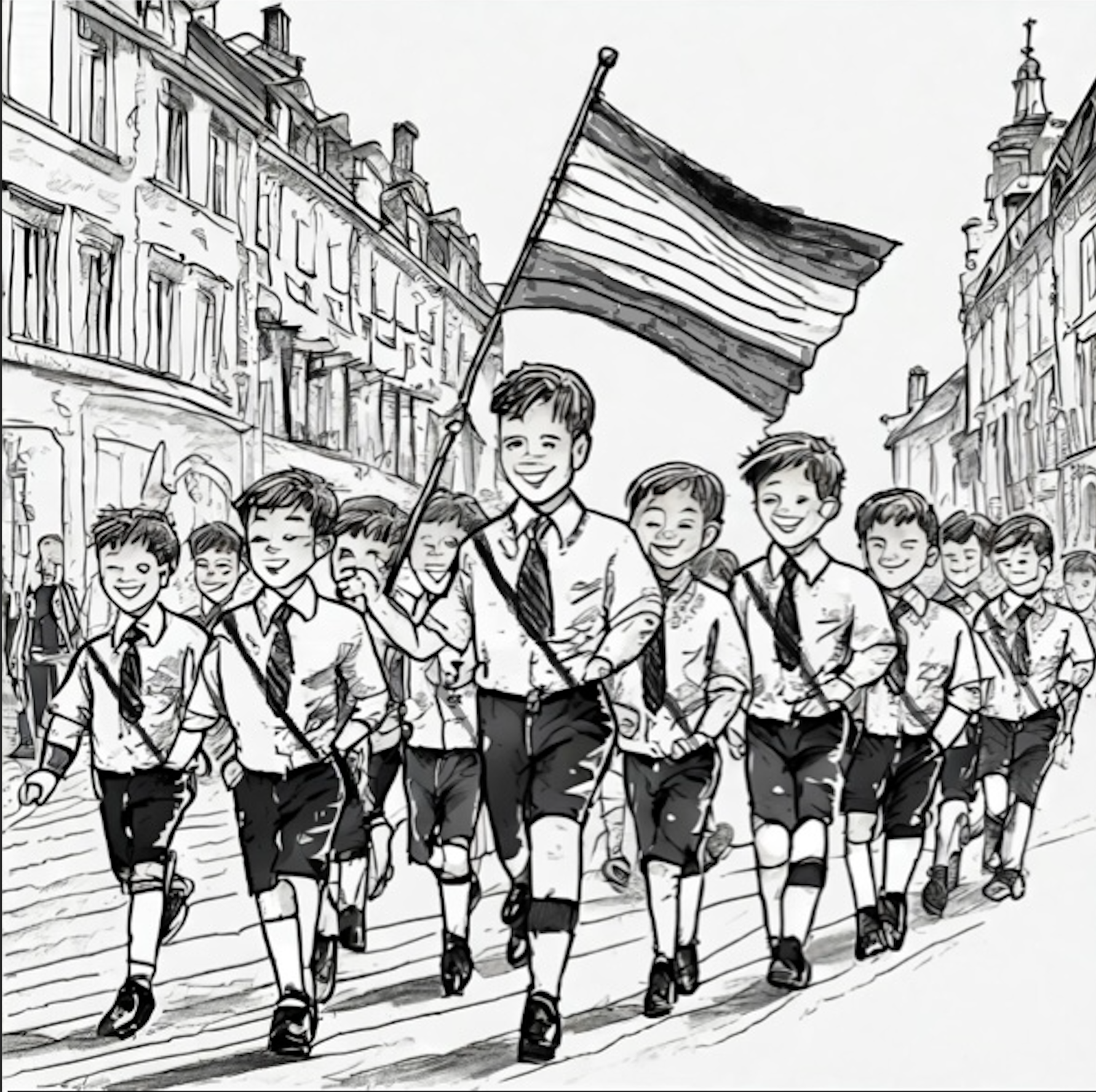 zeige einen Trupp dreizehnjähriger Jungen mit kurzen Hosen und Braunhemden mit einer kleinen Fähnlein ordentlich marschierend, in the forties of the twentieth century, in a Germany city