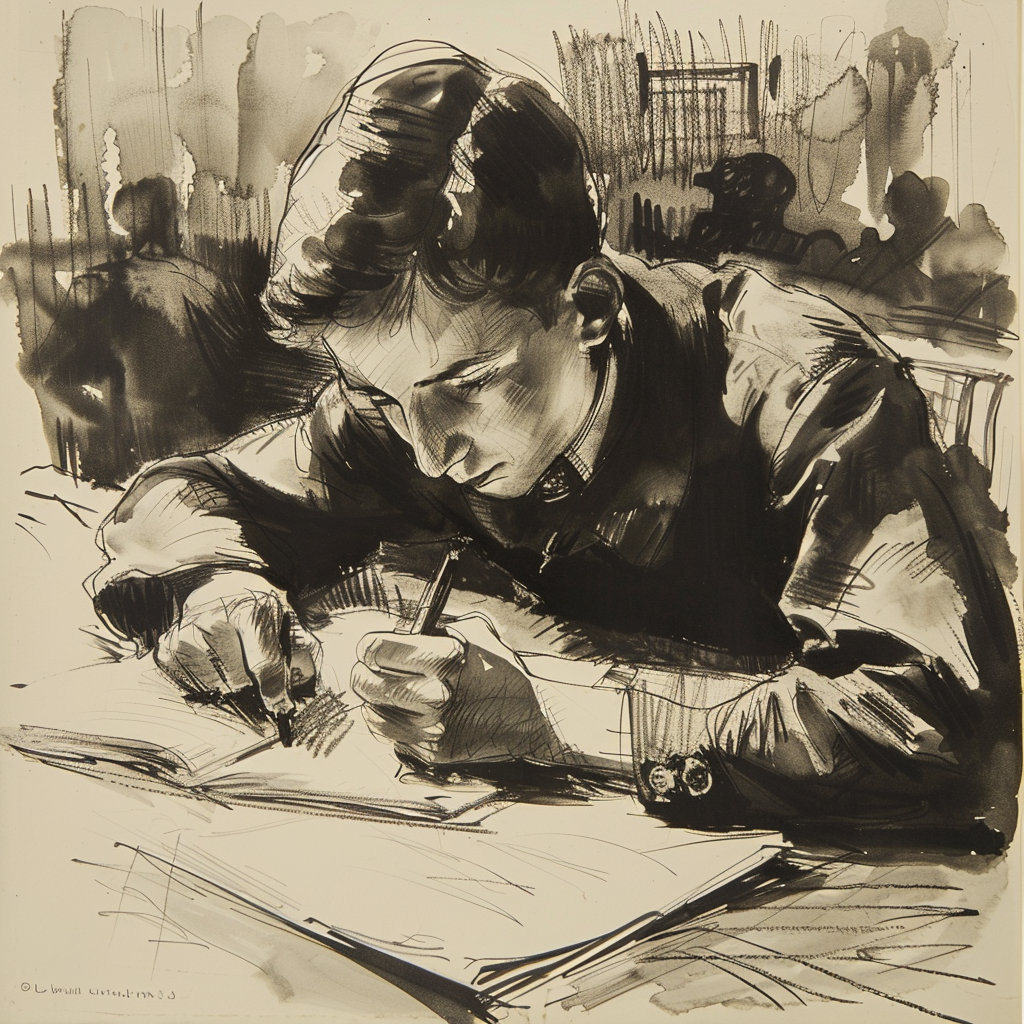 Drawn script sketch, black and white, a fourteen-year-old boy passes an exam, in Germany in the 1940s