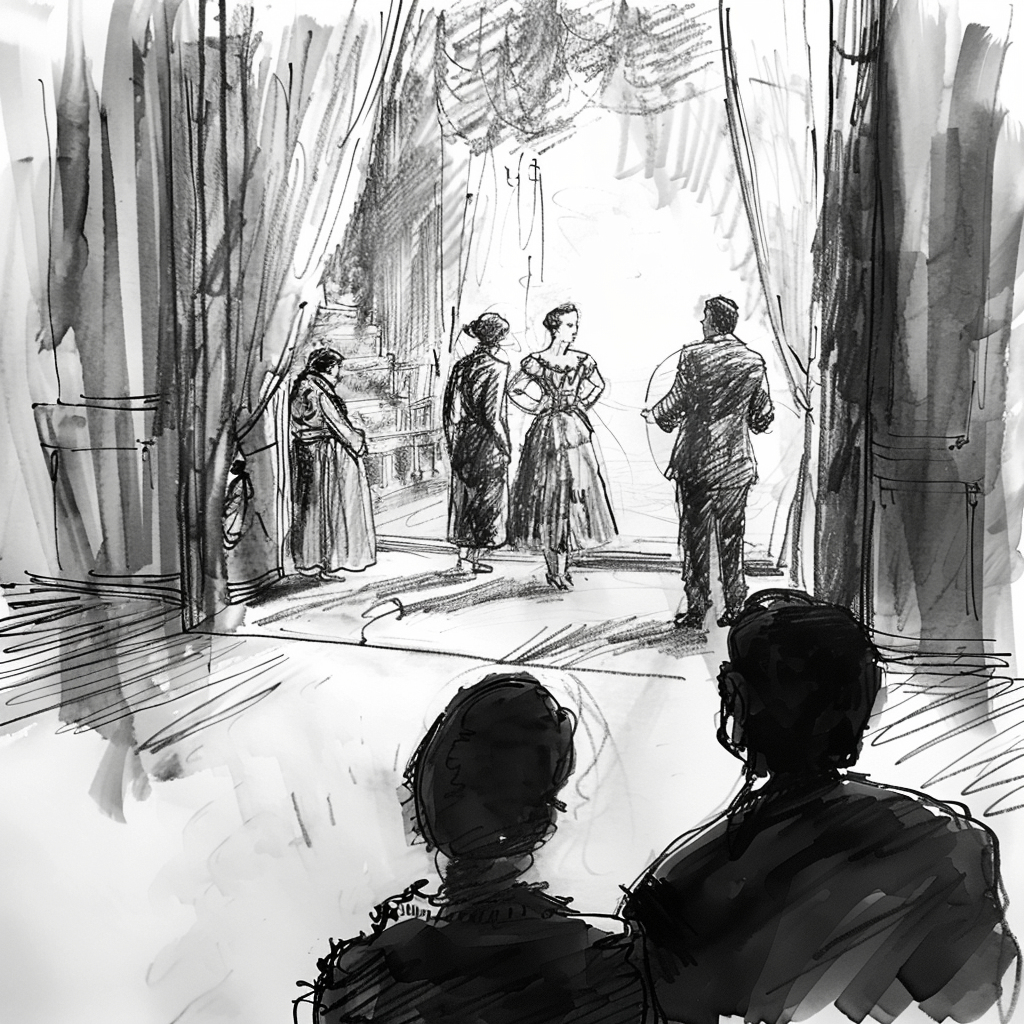 Drawn script sketch, black and white, a group of actors rehearse an opera on a small stage in the 1940s.