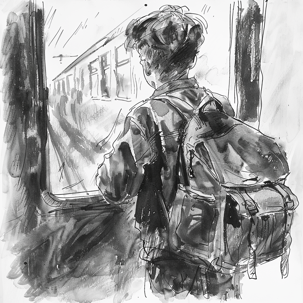 Drawn script sketch, black and white, a thirteen-year-old boy with a backpack travelling on a train in Germany in the 1940s