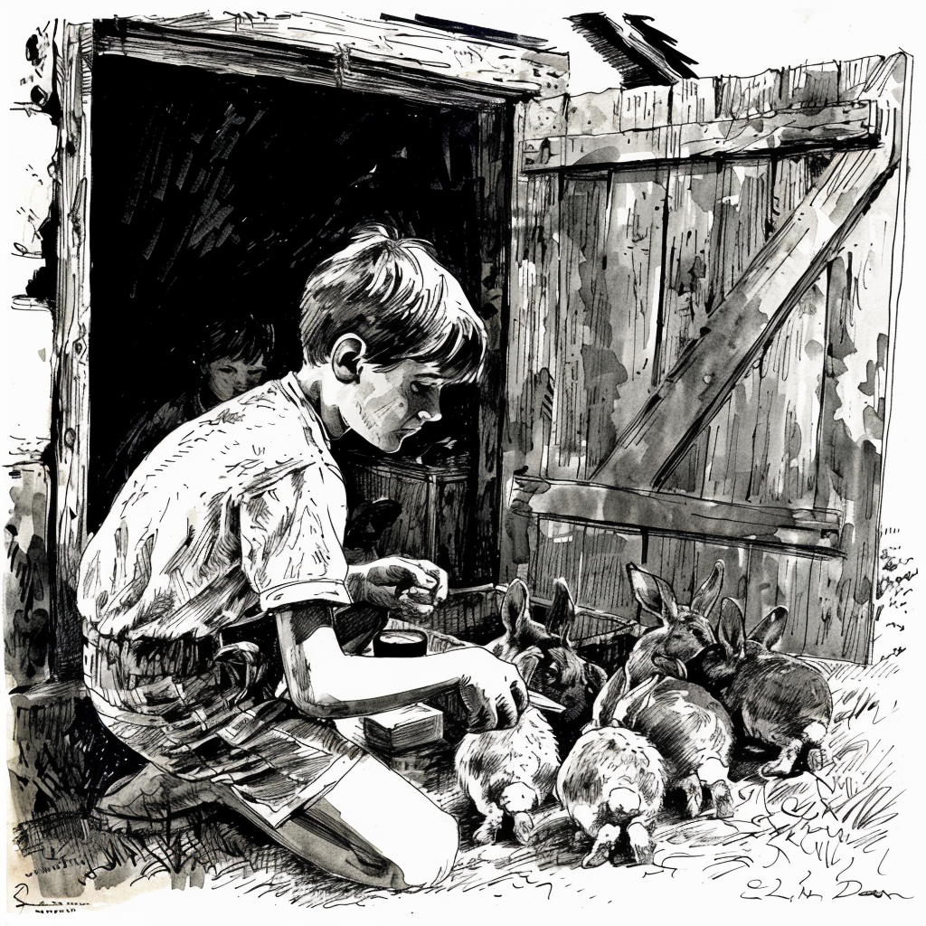 Drawn script sketch, black and white, thirteen-year-old boy boy feeding rabbits sitting in a rabbit hutch, late 1940s in a village in Germany