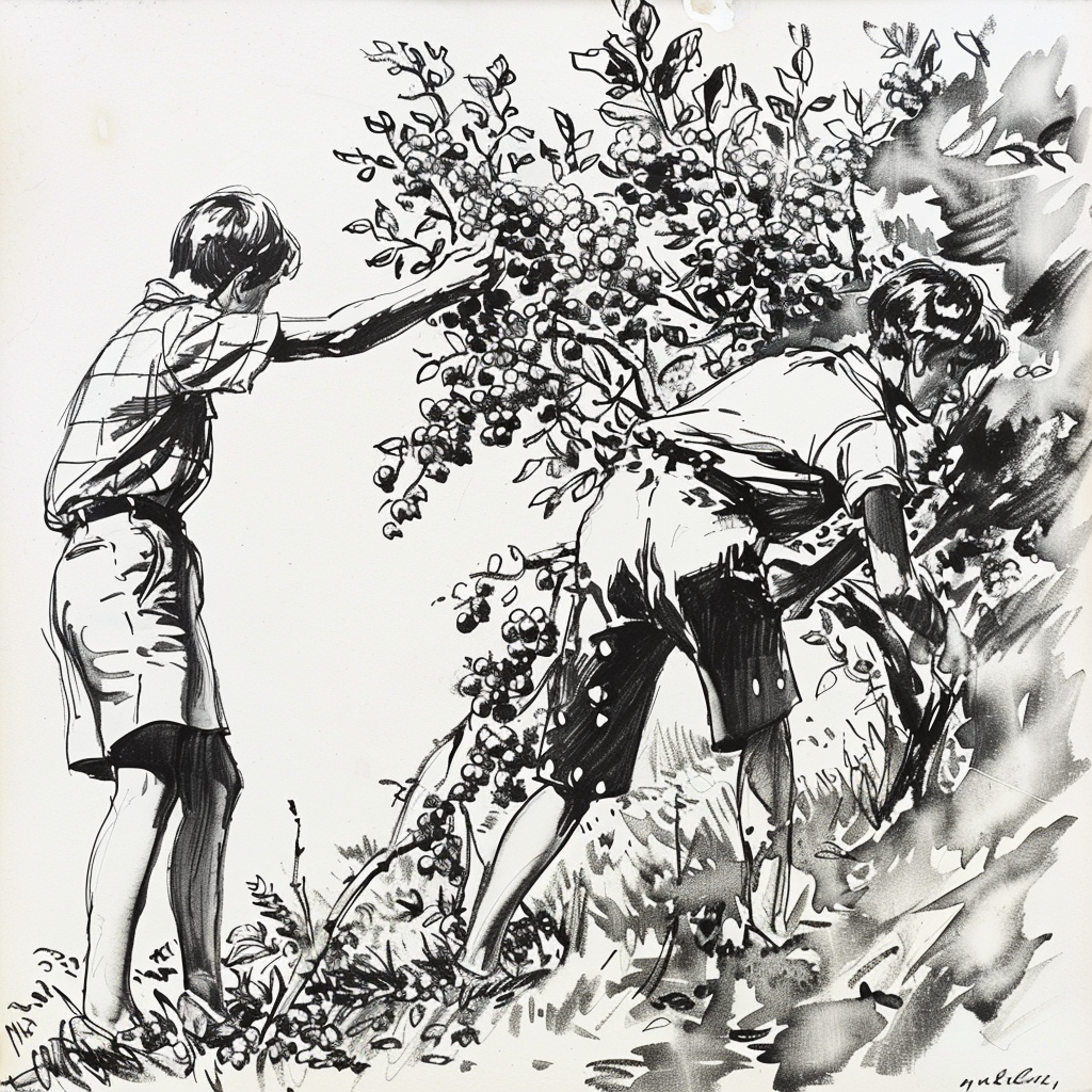 Drawn script sketch, early 1950s in Germany, black and white, teenagers picking blueberries