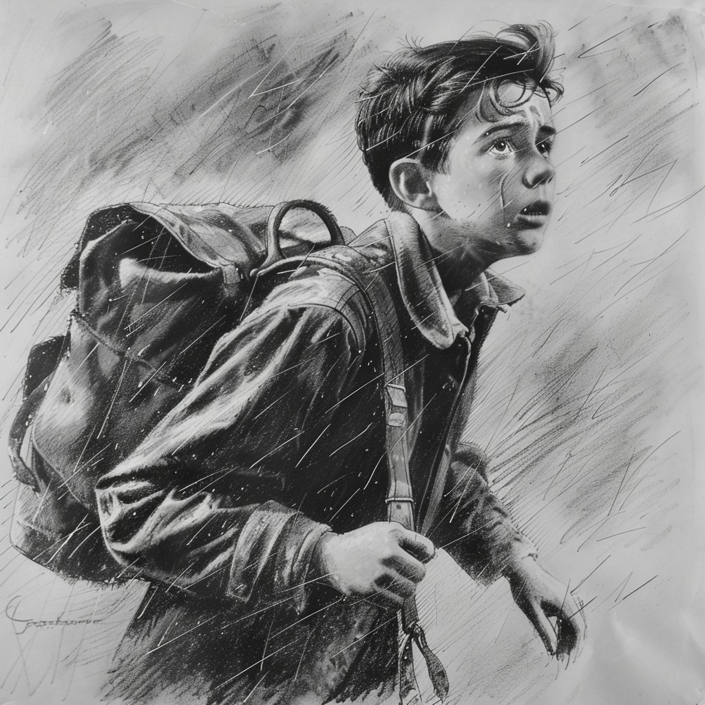 Drawn script sketch, early 1950s in Germany, black and white, a teenager with a satchel in bad weather