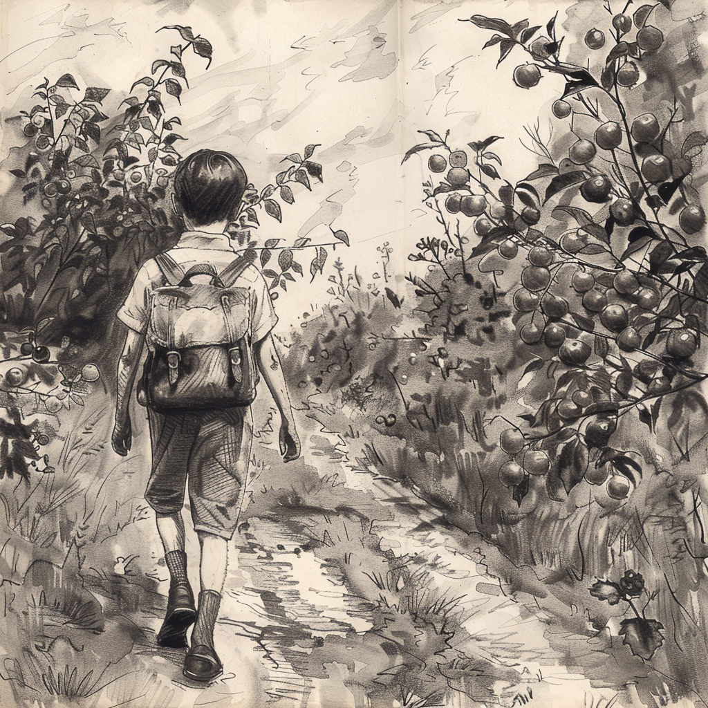 Drawn script sketch, in Germany in the Last 1940s, A young boy, around 12 years old, walks on a dirt path overgrown with wild fruits on either side. He carries a worn leather satchel over his shoulder.