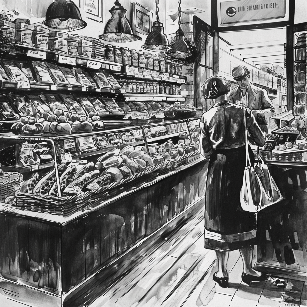 Drawn script sketch, mid 1940s in Germany, black and white, lots of food in a store