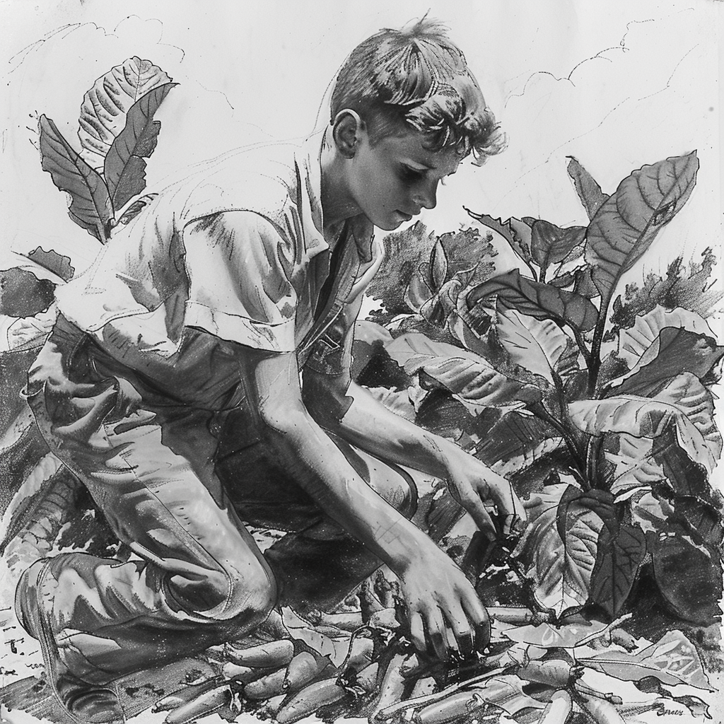 Drawn sketch, black and white, a thirteen-year-old boy working in a small garden, a tobacco plant in the background, in Germany in the 1940s
