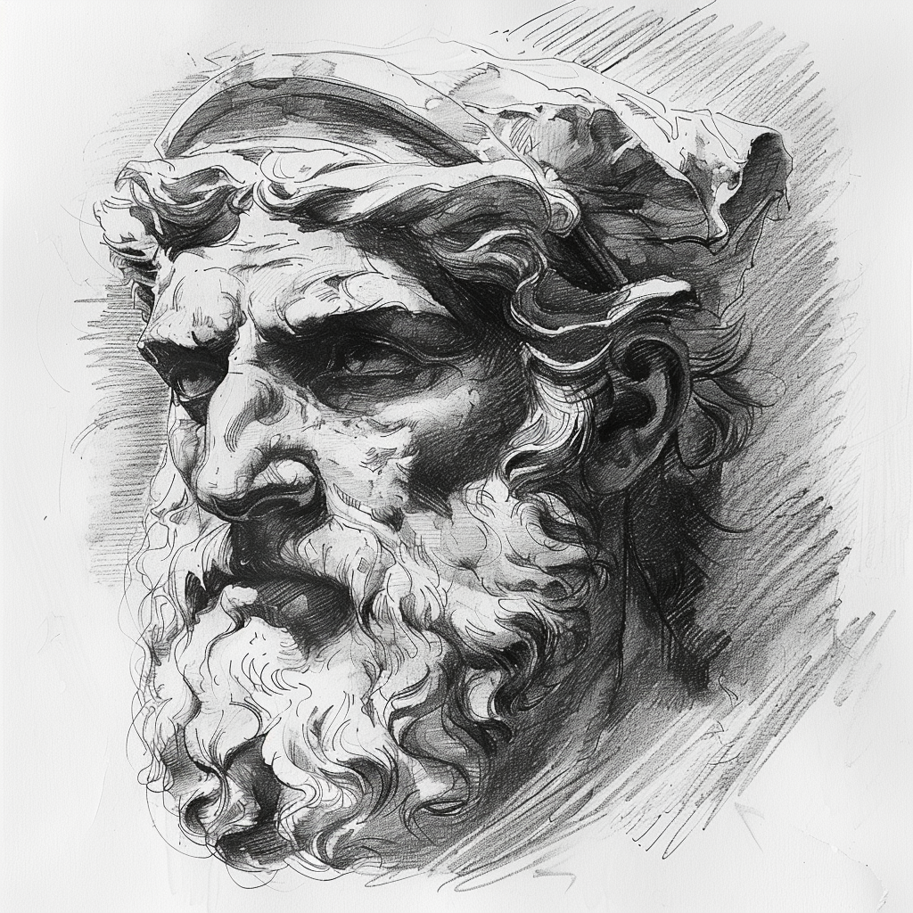 Drawn sketch in black and white, Odysseus