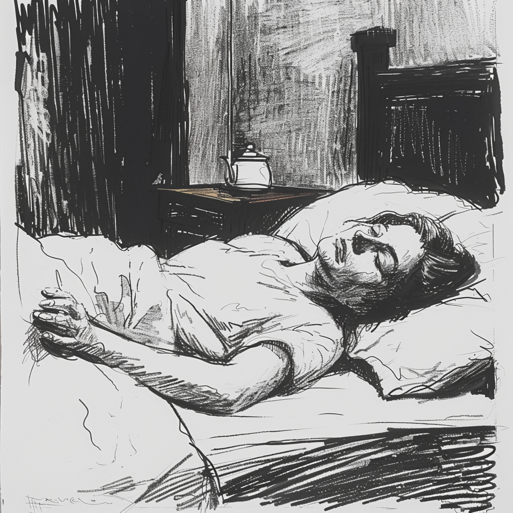 Drawn sketch in black and white, in Germany in the early 1950s, a simple Room, a young woman lies in bed looking very ill