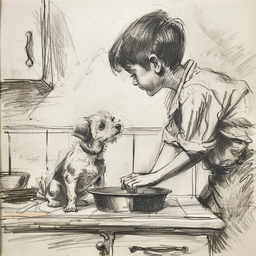 Drawn sketch in black and white, in Germany in the early 1950s, a simple Kitchen, a 15-year-old boy gives a small fox terrier plenty to eat in a dog bowl