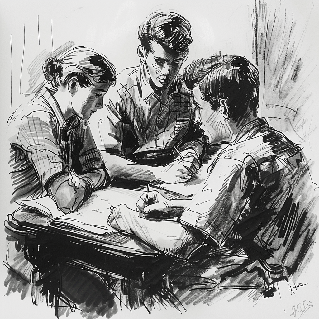 Drawn sketch in black and white, in Germany in the early 1950s, Teenagers sitting over maths homework