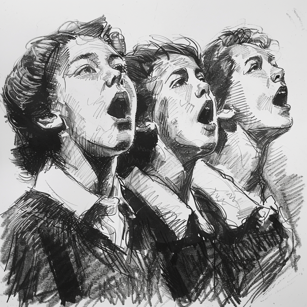 Drawn sketch in black and white, in Germany in the early 1950s, a few teenagers sing in a choir