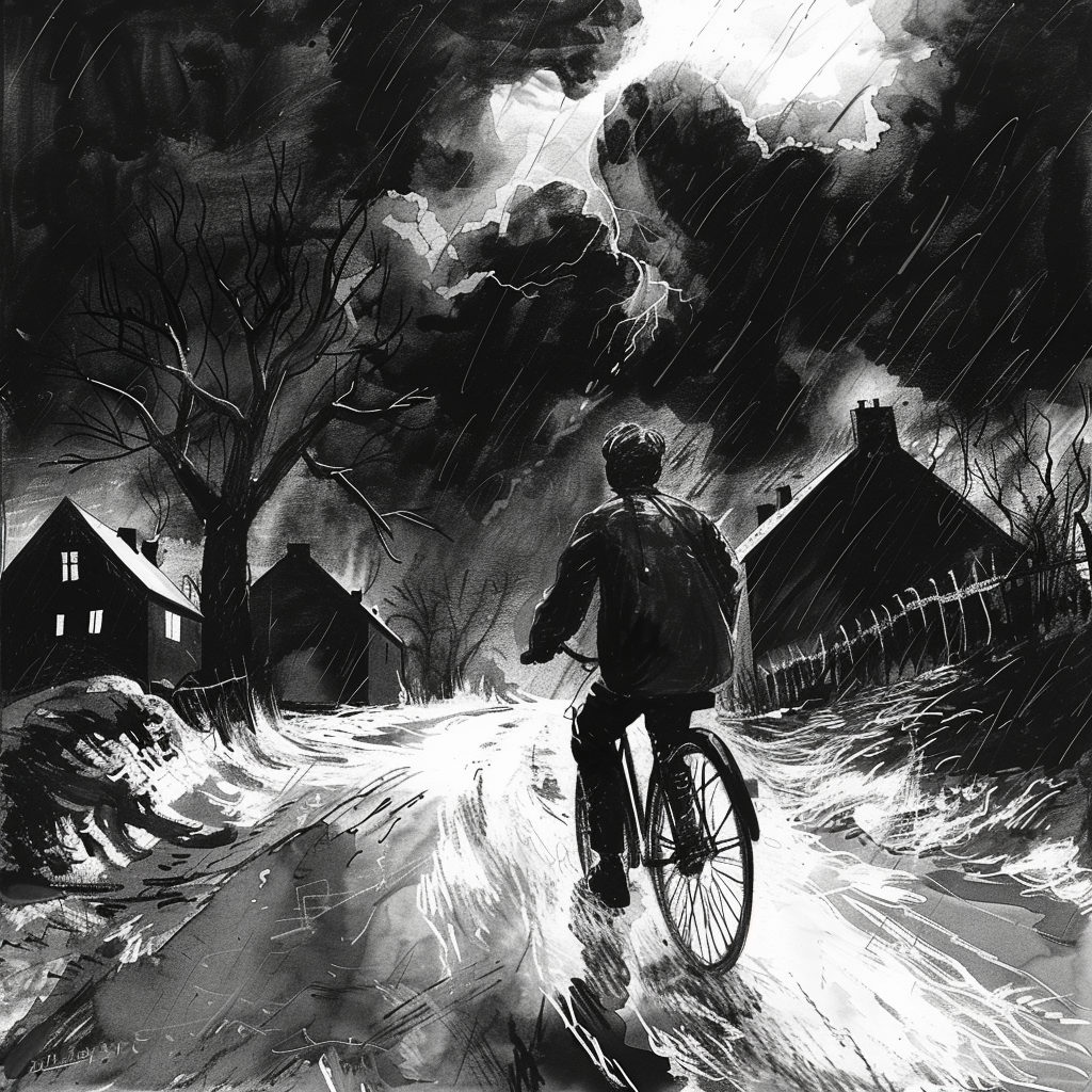 Drawn sketch in black and white, in Germany in the early 1950s, a teenager rides his bike through a stormy night