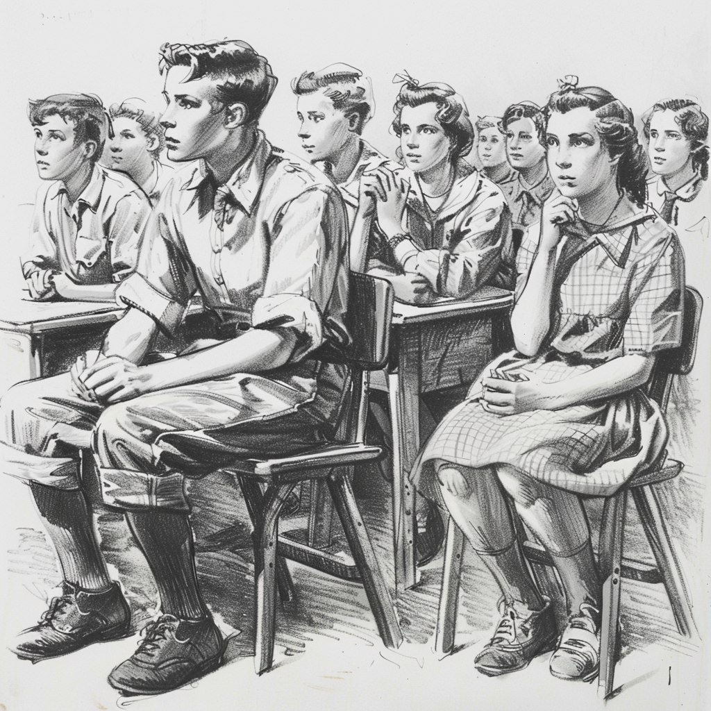 Drawn sketch in black and white, in Germany in the early 1950s. A group of 15-year-old pupils are sitting at desks, dressed in simple clothes. The boys are wearing trousers and shirts, while the girls are wearing dresses with colourful prints or ribbons in their hair