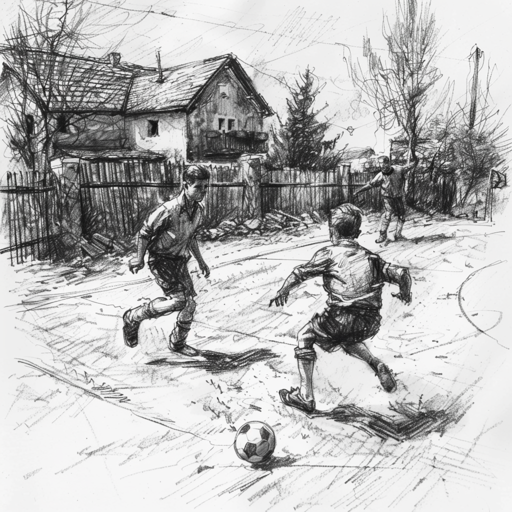 Drawn sketch in black and white, in a Village in Germany in the early 1950s, a couple of teenagers play football on a battered football pitch