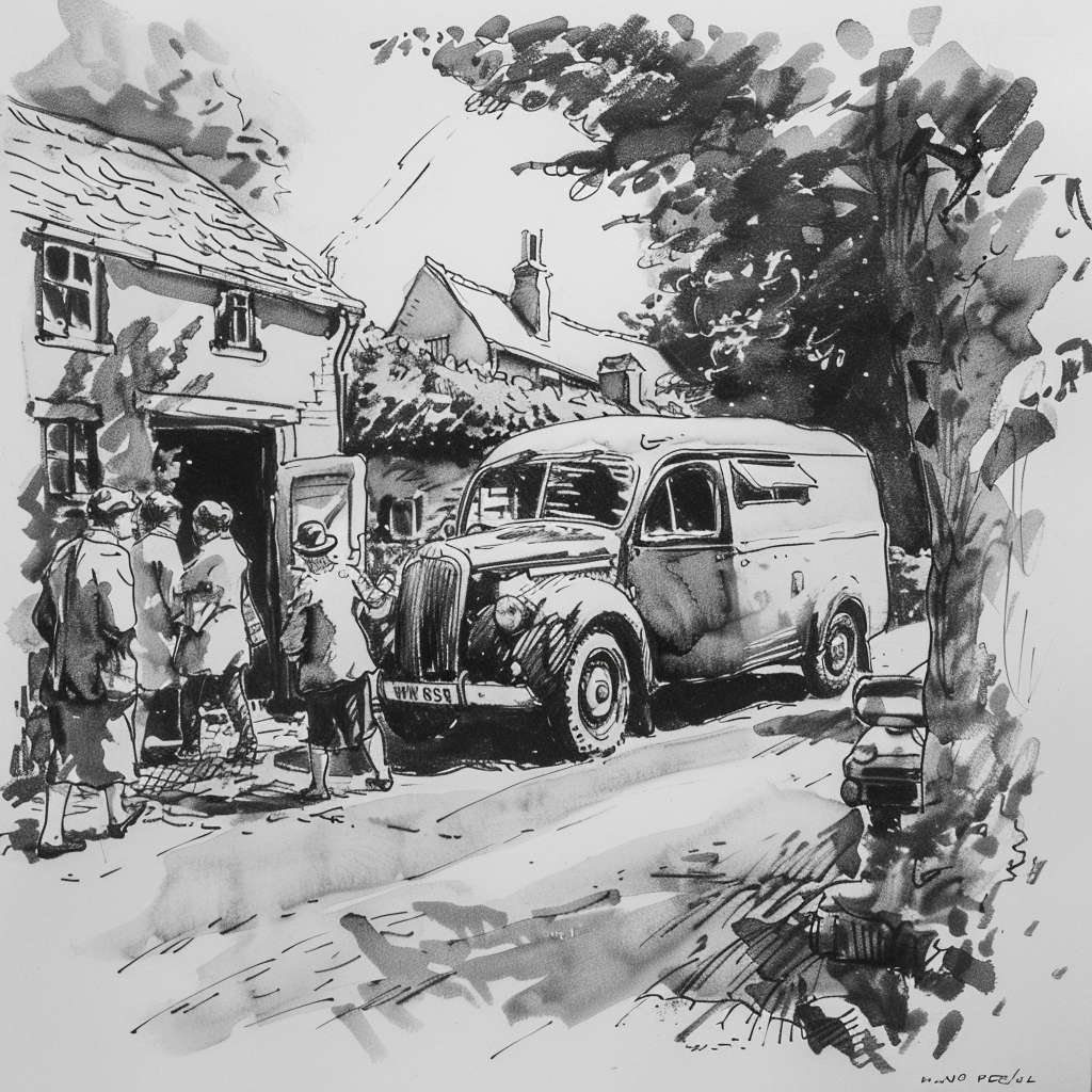Drawn script sketch, early 1950s, black and white, Removal van in a Village